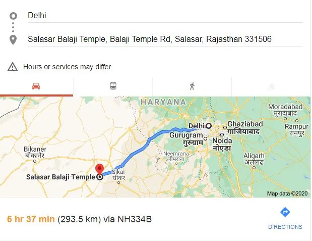 Delhi to Salasar Balaji Road Map
